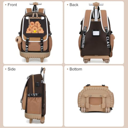 Bevalsa Capybara Theme Rolling Backpack for Girls, 3PCS Roller School Backpacks with Lunch Box & Pen Case, Kids Bookbag Schoolbag with Wheels for Teen Girl Kindergarten Elementary Middle School - color: Brown Cartoon
