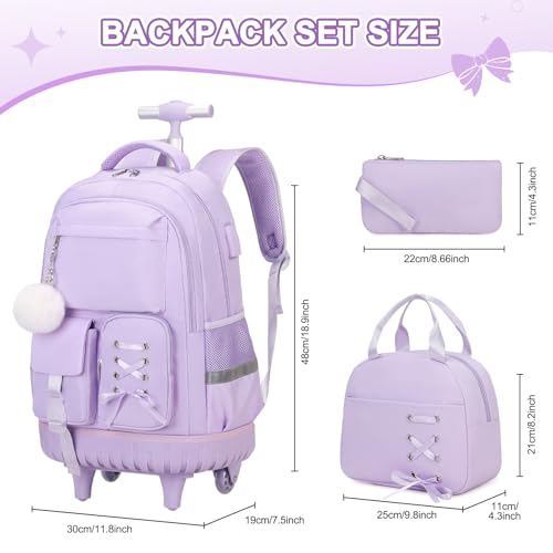 Scothen Rolling Backpack for Girls, Girls Backpack Set with Lunch Box & Pencil Pouch for Teen Girl Kids Children Elementary Middle School, Bookbag Daypack Laptop Travel Backpack with Wheels (Purple) - color: Purple