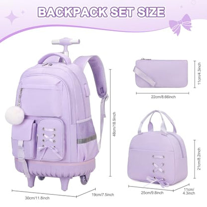 Scothen Rolling Backpack for Girls, Girls Backpack Set with Lunch Box & Pencil Pouch for Teen Girl Kids Children Elementary Middle School, Bookbag Daypack Laptop Travel Backpack with Wheels (Purple) - color: Purple