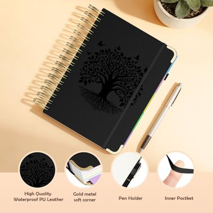 QIYVLOS Hardcover Spiral Notebook, A5 Journal with Removable Dividers Tabs, 5 Subject Notebook College Ruled, 320 Pages 6"x8" Leather Notebooks for Work School Study, Lined Journal for Women, Black - color: A5/Black