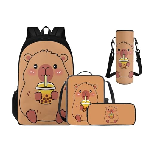 Cute Capybara Backpack Set with Lunch Box, Backpack for 2nd Grade Boys Girls Kids Back to School Back Pack Pencil Case and Water Bottle Holder 4 Piece Set for Kids Study - color: Cute Capybara