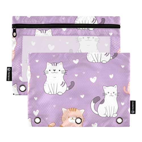 MCHIVER Purple Cats Pencil Pouch for 3 Ring Binder Pencil Pouches with Zippers Clear Window Binder Pockets Pencil Bags for Office Work Daily Organzier 2 Packs - color: Purple Cats