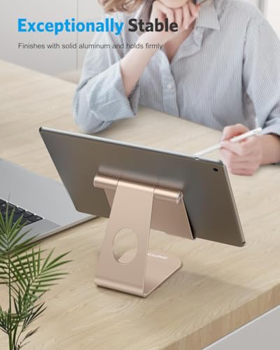 OMOTON T1 Adjustable Tablet Stand for Desk, Aluminum Holder for iPad Gold | Solid Metal Build | Charging Cutout | Anti-Slip Silicone Pads | Multi-Angle Adjustable | Fits 3.5-12.9" | Holds Thick Cases - color: Gold