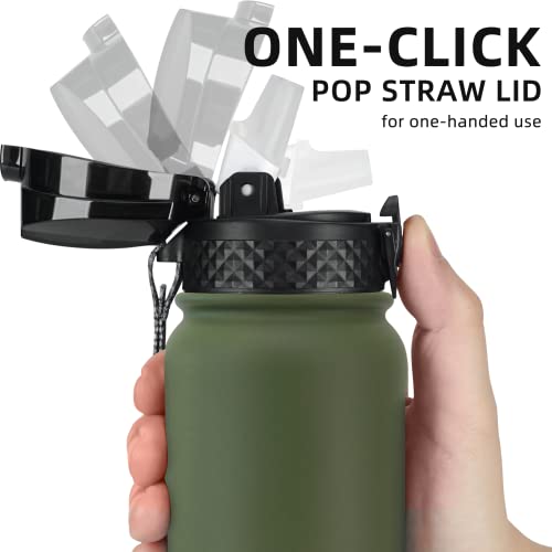 Fanhaw 20 Oz Kids Insulated Stainless Steel Water Bottle with Straw Lid, Leakproof & Anti-Dust Everyday Use Bottle for School, Women & Men, Back to School Essentials (Olive Green) - color: Olive Green, style: 20 Ounces