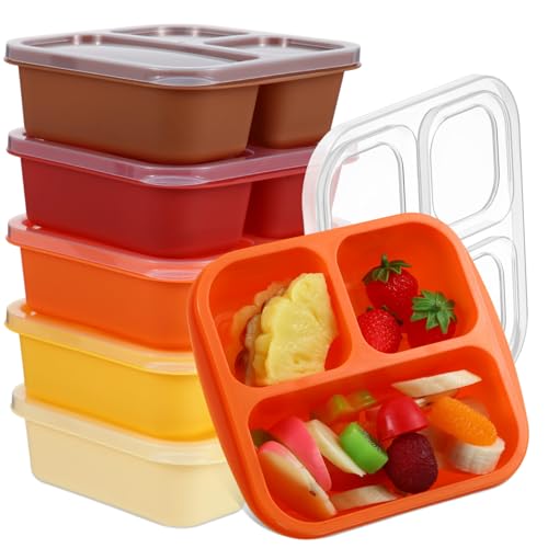 Honeydak 5 Pack Snack Containers 3 Compartment Bento Snack Boxes Divided Meal Prep Containers with Lids Reusable Adults Lunch Food Storage Box for School Work Travel(Fall Color) - color: Fall Color