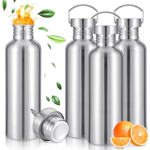 Lemecima 4 Pack 34oz Uninsulated Single Walled Stainless Steel Sports Water Bottle with Handle 304 18/8 Stainless Steel Camping Water Bottle for Cyclists Runners Hikers Beach Goers Picnics Camping