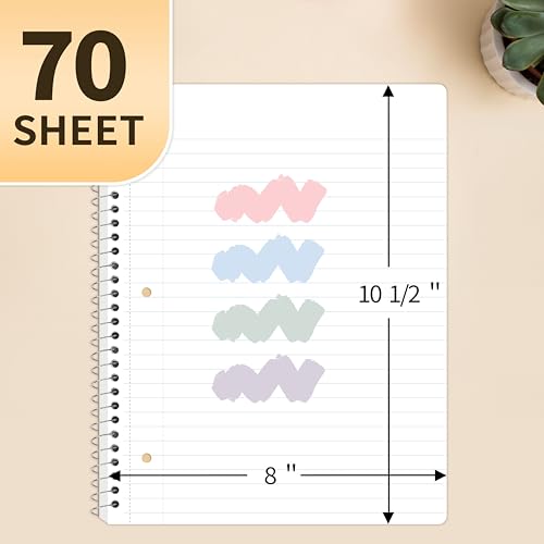 SUNEE Spiral Notebooks Wide Ruled, 1-Subject, 4 Pack, 8 x 10-1/2 in, 70 Sheets, 3-Hole Punched 70gsm Paper, Pastel Pink, Purple, Blue, Green for School, Home & Office, Writing Journal - color: Pastel