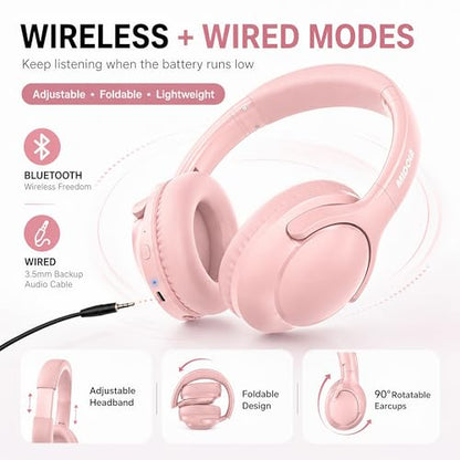 MIDOLA Bluetooth Headphones Over Ear 68H Playtime 6 EQ Wireless Headset with Microphone HiFi Stereo Foldable Lightweight Deep Bass for Travel Home Office Cellphone Pink - color: Pink