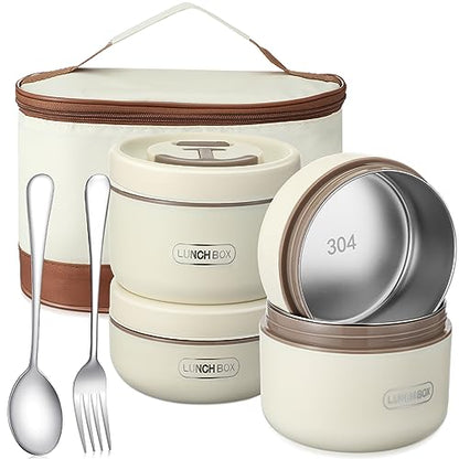 Dandat 4 Pcs Insulated Lunch Container, Portable Bento Box, Stainless Steel Lunch Box, Round Stackable Leakproof Thermal Food Container for Adult Men Women with Insulated Bag, 74 oz(Beige) - color: Beige