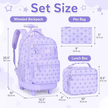 3Pcs Rolling Backpack for Girls Women, School Kids Roller Bookbag with Wheels, Wheeled Backpacks Set for Elementary (Purple) - color: Star Purple