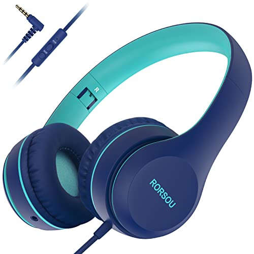 K5 Kids Headphones with Microphone for shchool, Volume Limiter 85/94dB, Foldable Stereo Tangle-Free 3.5mm Jack Wired Cord On-Ear Headphones for Children/Boys/Girls/Kindle/Tablet/MP3/4 (Blue) - color: Blue