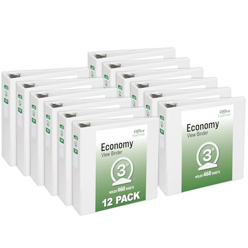 Office Essentials Economy View 3 Ring Binders, 3" Round Rings, 3.5" Spine, 460-Sheet Capacity, White Binders (12-Pack of 03430) - size: 3"