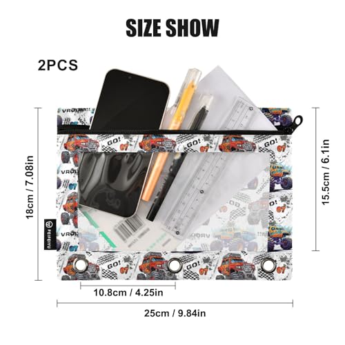 Monster Truck Pencil Pouch for 3 Ring Binder, Binder Pencil Pouches with Clear Window Zipper Pencil Case for Office College Supplies, 2PCS (B0316) - color: B0316