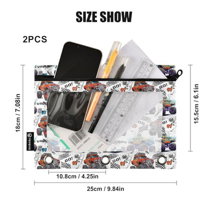 Monster Truck Pencil Pouch for 3 Ring Binder, Binder Pencil Pouches with Clear Window Zipper Pencil Case for Office College Supplies, 2PCS (B0316) - color: B0316