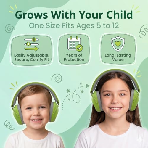 ISOtunes JUNIOR DEFENDER Noise Cancelling Headphones for Kids, 20 dB Kids Ear Protection Ear Muffs for Noise Reduction - color: Kids Green
