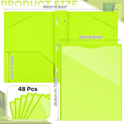 Henoyso 48 Pcs Plastic Folder with Clear Front Pocket and 3 Prongs Heavy Duty Plastic Folders with Card Slot Pocket Folders with Prongs for School Office Home(Fluorescent Green) - color: Fluorescent Green