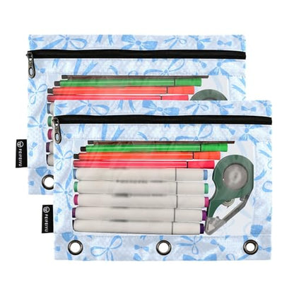 Blue Bow Ribbon Pencil Pouch for 3 Ring Binder 2 Pcs Binder Pouches with Zipper Pocket Pencil Case Bag with Clear Window for Office Work School Supplies - color: Blue Bow Ribbon