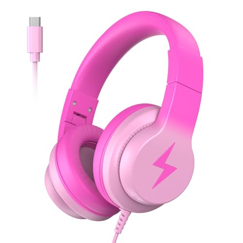 Candy Bila USB C Kids Headphones for School, 85dB Volume Limited, Wired Over-Ear Headphones for Kids, Adjustable Headband, Foldable Design for Travel, iPad, Tablet, Chromebook, Gradient Rose Pink - color: Gradient Rose Pink