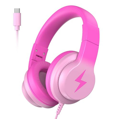 Candy Bila USB C Kids Headphones for School, 85dB Volume Limited, Wired Over-Ear Headphones for Kids, Adjustable Headband, Foldable Design for Travel, iPad, Tablet, Chromebook, Gradient Rose Pink - color: Gradient Rose Pink