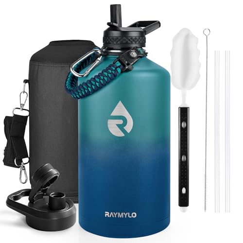 RAYMYLO One Gallon Water Bottle Insulated, Triple Walled Vacuum Stainless Steel (Cold for 48 Hrs), Leak Proof & Non-BPA, Large Water Flask Jug with Paracord Handle & Straw Spout Lids - color: Cyan Blue, size: 128 Ounces