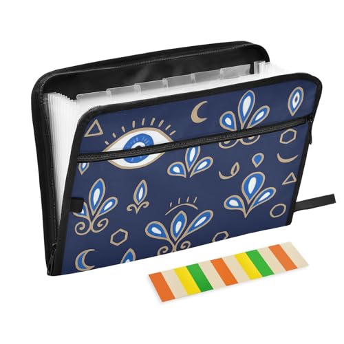 Evil Eyes with Flowers Expanding File Folder with Sticky Labels, 13 Pockets Accordion File Folder Document Organizer Expandable Zip File Folder with Zipper Closure - color: Evil Eyes With Flowers