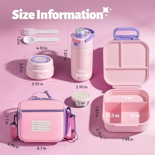Itslife Bento Box for Kids Set, Insulated Food Container,Kids Lunch Box, 7 oz Thermos for Hot Food, 12 oz Thermos Water Bottle, Reusable Insulated Ice Bag & Fork Spoon Utensils Camping Travel Pink - color: Pink