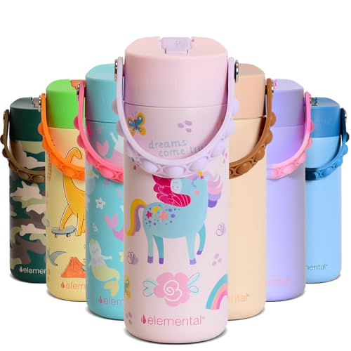Elemental Insulated Kids Water Bottle, Stainless Steel Water Bottle with Straw Lid & Pop-It Handle, Leak-Proof Water Bottles for School, Boys or Girls, Travelling and Sports, 18oz - Unicorn Rainbow - color: Unicorn Rainbow