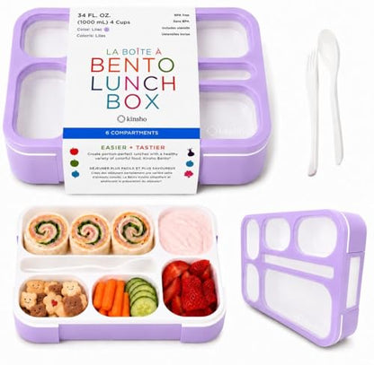 kinsho Bento Box for Kids Women - 6 Compartment, Leak-Proof Lunchbox for School, Portion Control & Meal Prep Containers, Reusable, BPA-Free Snack Container - Includes Utensil Set & E-Book, Purple - color: Lilac