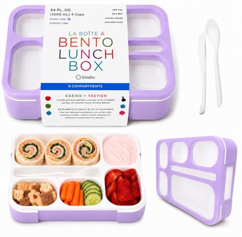 kinsho Bento Box for Kids Women - 6 Compartment, Leak-Proof Lunchbox for School, Portion Control & Meal Prep Containers, Reusable, BPA-Free Snack Container - Includes Utensil Set & E-Book, Purple - color: Lilac