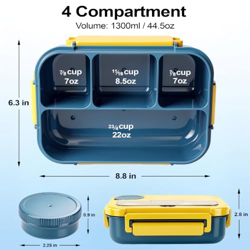Bento Box Adult Lunch Box, Lunch Containers for Adults 44 Oz,Yellow / Blue | BPA-Free, Lid-Top Sauce Tray, Leak-Proof, 1300mL, Removable Silicone Sealing Ring, Lid-Top Utensil Slot with Included Cutlery - color: Yellow / Blue
