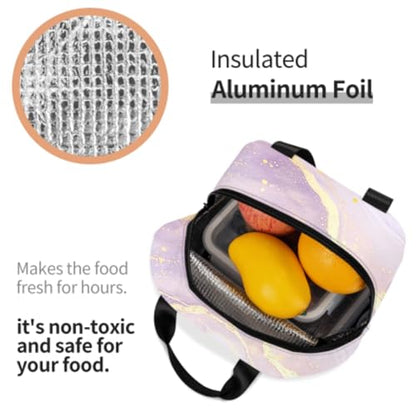 Nerxy Insulated Lunch Bag Woman 8x5x8.5inch Pink Purple Gold Marble Reusable Lunch Box Soft Cooler Tote Bag Men Kids Adults Waterproof Meal Container With Pocket for Work School Travel Office Picnic - color: Marble