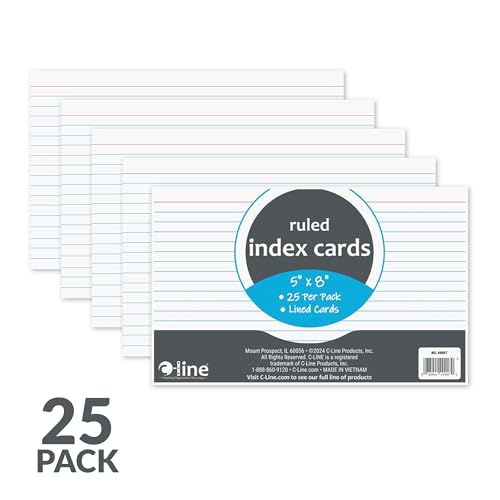 C-Line 5” x 8” Index Cards, White, Ruled, 25/PK (49907)