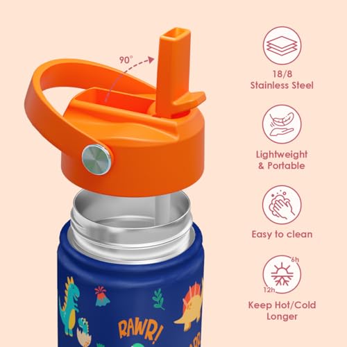 SANDJEST Dinosaur Kids Water Bottle with Straw Lid, Pack of 2 Insulated 12 Oz Stainless Steel Water Bottles for Boys, Travel Cup for School Sports - color: Dinosaur (Pack 2)