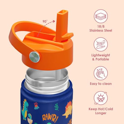 SANDJEST Dinosaur Kids Water Bottle with Straw Lid, Pack of 2 Insulated 12 Oz Stainless Steel Water Bottles for Boys, Travel Cup for School Sports - color: Dinosaur (Pack 2)