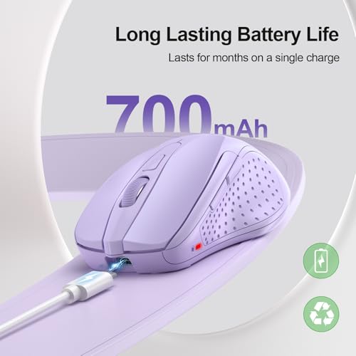 TECKNET Wireless Mouse, BT 5.0/2.4G, Rechargeable 6-DPI Silent, Lavender | Bluetooth 5.0/3.0 & USB A, 2-Device Easy Switch, Wide OS Compatible, 6 Buttons, 6-DPI up to 4800, Ergonomic for S to M Hands - color: Lavender