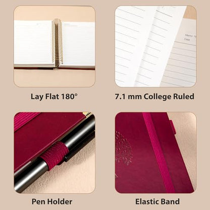 Yoment Hardcover Spiral Notebook 8.5" x 11" Leather 5 Subject Notebook College Ruled with Dividers Tabs 300 Pages Large Spiral Journal Notebooks for Work School Note-Taking Business, Burgundy - color: Burgundy