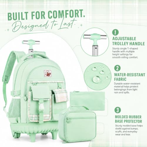 gxtvo 3PCS Womens Rolling Backpack for Girls, Wheeled Bookbag with Lunch Box for Adults, Water Resistant Roller School Bag for College Teens Kids Travel - Green - color: 3pcs Set Green
