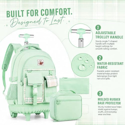 gxtvo 3PCS Womens Rolling Backpack for Girls, Wheeled Bookbag with Lunch Box for Adults, Water Resistant Roller School Bag for College Teens Kids Travel - Green - color: 3pcs Set Green