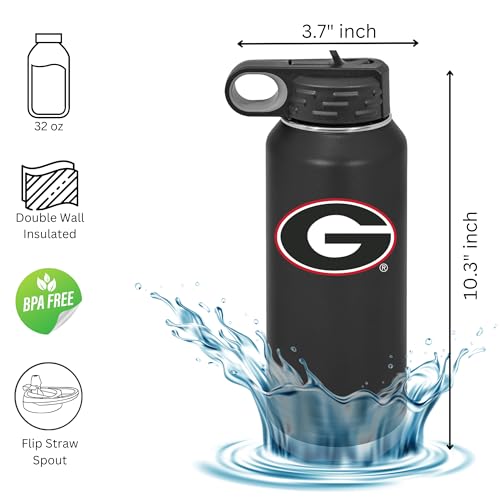 University of Georgia Bulldogs 32oz Stainless Steel Double Walled Black Beverage Bottle with Flip Straw Spout - College Gear for Playoff Season – For Office, Home or Auto – Show your Bulldog Pride - style: Georgia / Black