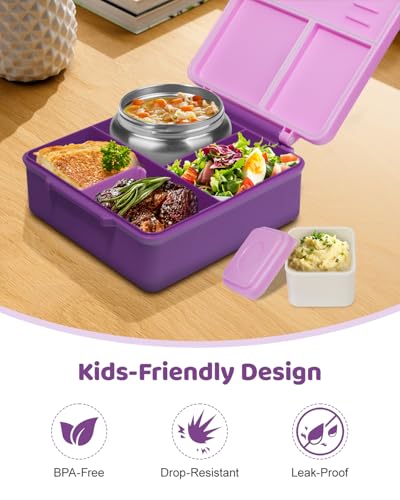 SOHIDA Bento Box with 10oz Soup Thermo: Kids Leakproof Lunch Box with 3 Compartments - Dishwasher Safe and BPA-Free - Vacuum Insulated Food Jar Suitable for Kids Back to School, Travel - Purple - color: Purple