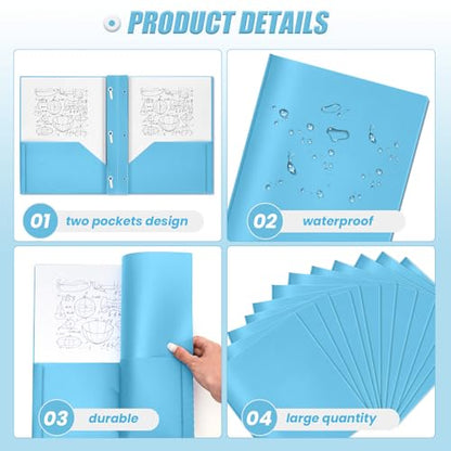 Yeaqee 150 Pack Plastic Folders with Prongs Heavy Duty Plastic 2 Pocket Folder with 3 Prongs, Business Card Slot for Back to School Office Home 11.6 x 9.5 Inch (Light Blue) - color: Light Blue