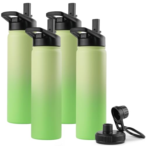 DOMICARE Insulated Water Bottle, 22 oz Vacuum Insulated Stainless Steel Reusable Sports Bottle with Straw Lid & Spout Lid for Travel, Camping, Bike, Leakproof, Green Gradient, 4 Pack - color: Green Gradient, size: 22oz/4 Pack