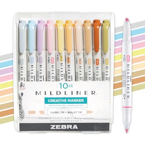 Zebra Pen Mildliner Dual-Tip Highlighter Marker Set, Broad and Fine Point Tips, No Bleed, Ideal for Bible Highlighting, Journaling & Note-Taking, Assorted Neutral & Gentle Ink Colors, 10-Pack (78701) - color: Gentle B, size: 1 Count (Pack of 10)