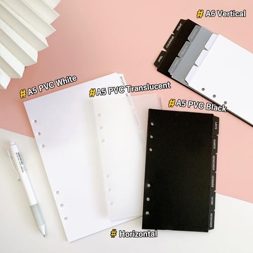 DY.2ten Clear 6-Tab Dividers for 6 Ring Binder, A6 Index, 6 Hole Sturdy Plastic Insertable Notebook Planner Tabs