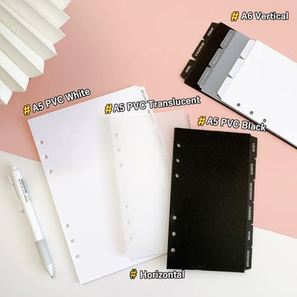 DY.2ten Clear 6-Tab Dividers for 6 Ring Binder, A6 Index, 6 Hole Sturdy Plastic Insertable Notebook Planner Tabs