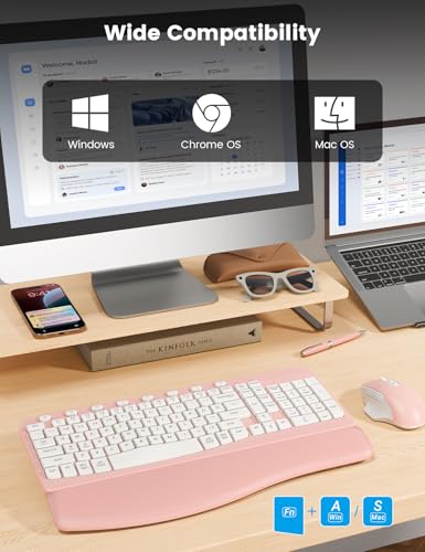 SABLUTE Wireless Keyboard and Mouse Combo with Ergonomic Wave Key | Leather Soft Palm Rest, 2.4G Full Size, 6-Button Mouse, 4-Level DPI, USB-A/C, MA12 Set for PC, Laptop, Windows, macOS (Pink） - color: Blush Pink