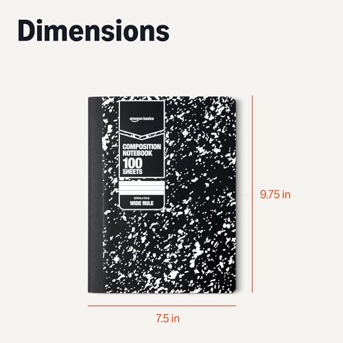 Amazon Basics Composition Notebook, Wide Ruled, 100 Sheets, 9.75" x 7.5", Marble Black, Sturdy Cover with Conversion Charts, for School, Home, and Office Use, 4-Pack - color: Marble Black, size: Wide Ruled,4-pack