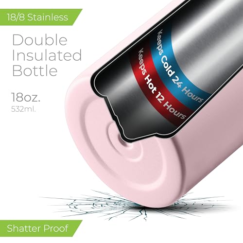 SipX™ 18 oz Insulated Water Bottle with 3 Lids – Leakproof Stainless Steel, Triple Insulated – Cold 24 Hours/Hot 12 Hours – Durable Bottle for School, Gym, Travel – Light Pink - color: Pink, size: 18 Ounces