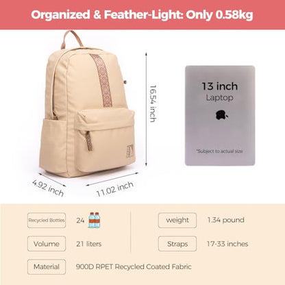 INUK Geometric Stripe Laptop Backpack, 13 Inch Water Resistant Backpack for College & Work, Recycled Travel Daypack Made from 24 Plastic Bottles, with Hidden Pocket & Luggage Strap, Milky Moka - color: Milky Moka