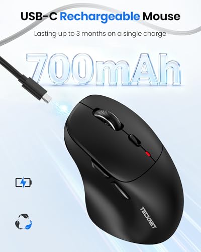 TECKNET Wireless Mouse Bluetooth 5.0/3.0 & 2.4G Rechargeable, Silent Clicks, Adjustable 4800 DPI, 6 Buttons, Ergonomic Design, Bluetooth Mouse for Laptop, Computer, ipad - color: Black